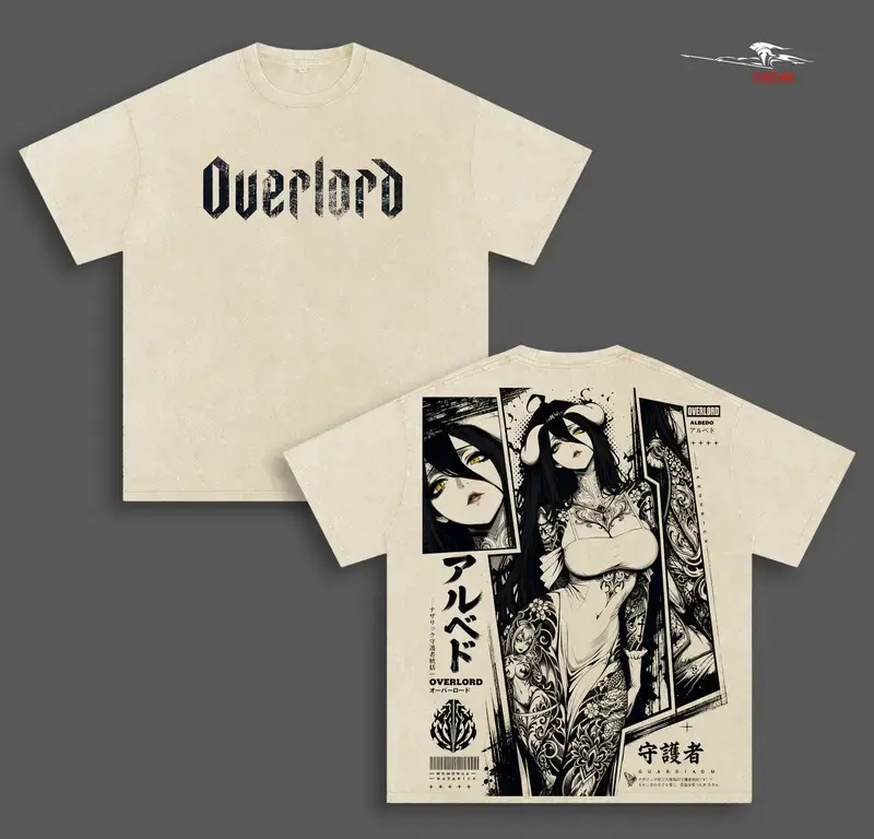 Albedo Overlord Anime Double Printed Vintage Washed Tee Unisex Oversize Anime Manga Washed Heavyweight Cotton T-shirt