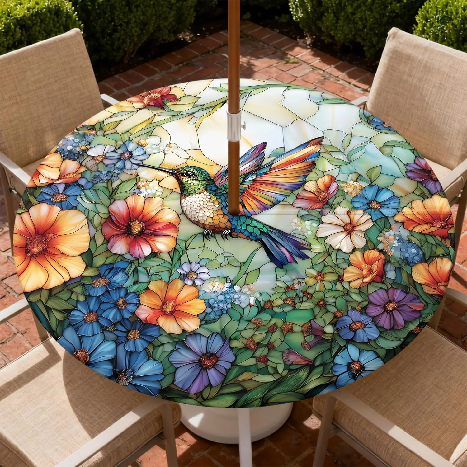 Polyester Waterproof Round Fitted Tablecloth - Zippered, Elastic Edge, Anti-Scratch, Easy to Clean, Outdoor Safe with Umbrella Hole, Elasticity - Wipeable Cover for Patio Tables (Fits 53-60" Round Tables)