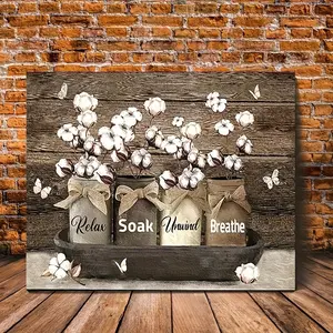 2D Flat, 1pc Wooden Framed Farmhouse Bathroom Canvas Painting Art Prints Wall for Living Room Home Decor Rustic Canvas Flower Rustic Relax Soak Unwind Breathe Bedroom Pictures with Framed Ready to Hang Gift
