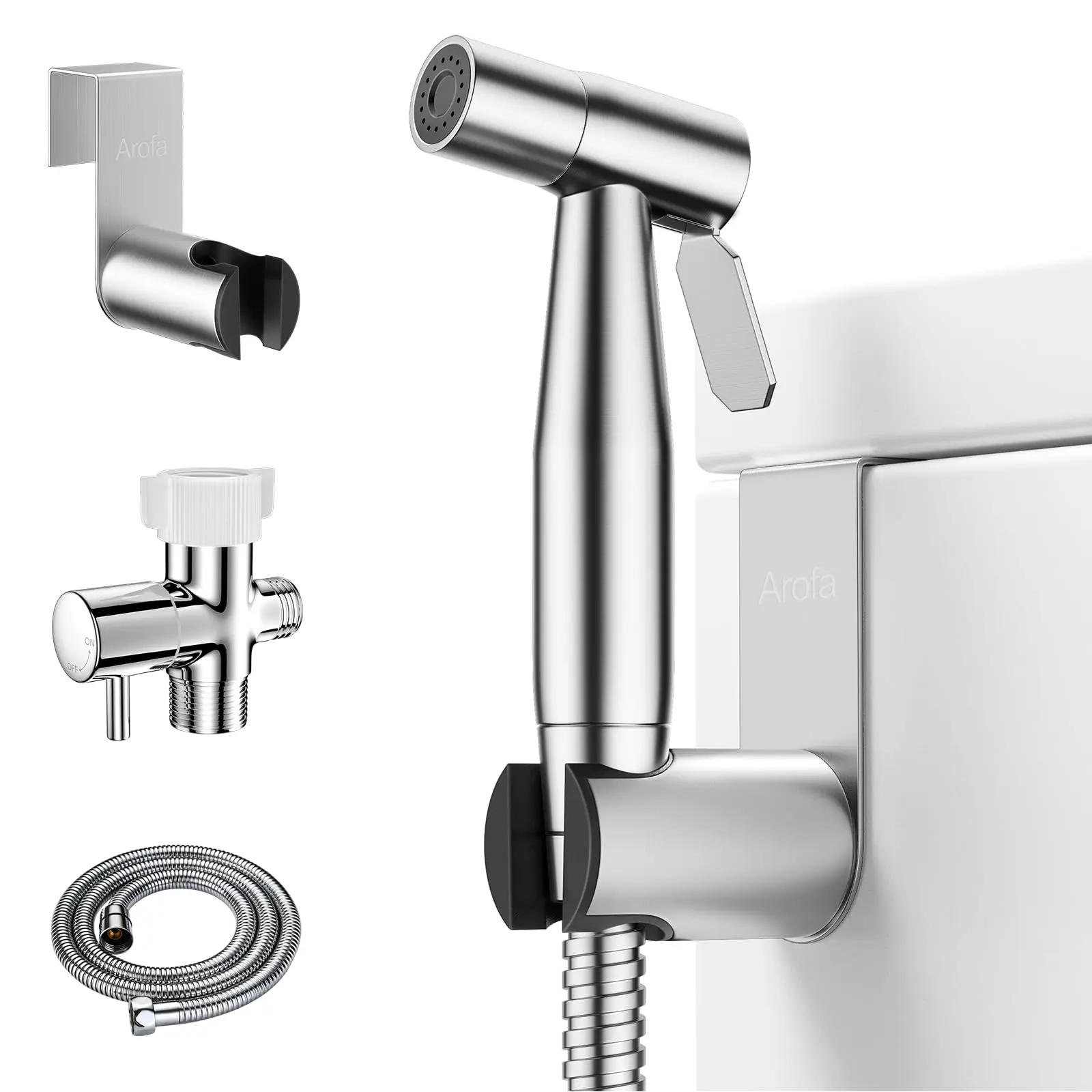 Modern Brushed Nickel Stainless Steel Handheld Showerhead & Bidet Toilet Sprayer Set - Adjustable Water Pressure, 7/8" T-Valve, Leak-Resistant Hose for Personal Feminine Wash, Toilet Area Cleaning