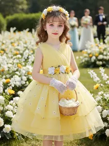 Girls' Princess Bubble Dress, Flower Girl Dress, Playful Dress, Embroidered Daisy Skirt, Wedding, Day, Party, Special Occasions