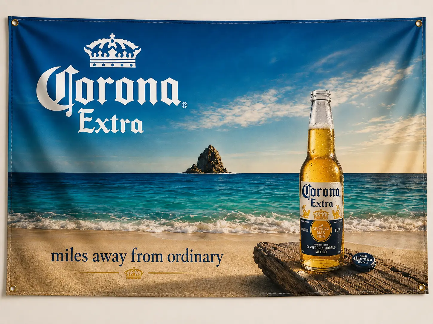 Corona Extra Beach Beer Wall Flag, Tropical Ocean Sunset Banner, Bar Man Cave & Garage Decor