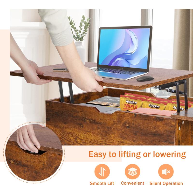 Sweet Furniture Fully Assembled Wooden Center Table, Fluted Lift Top Coffee Table with Hidden Compartment, Modern Lift Tabletop for Home Living Room Office