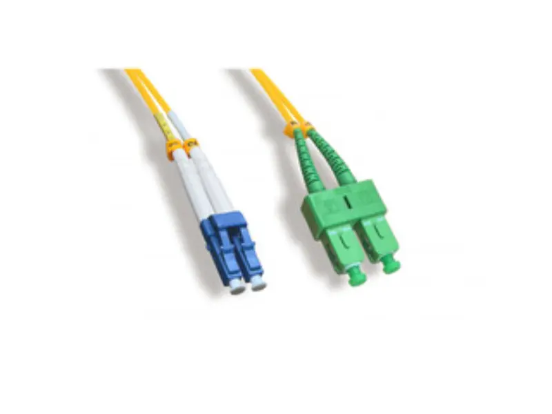 CableWholesale LCSC-01301 1 m LC & UPC to SC & APC OS2 Duplex 2.0 mm Fiber Optic Patch Cord - OFNR - Single Mode 9 & 125 - Yellow Jacket - Blue LC Plus Green SC Connector