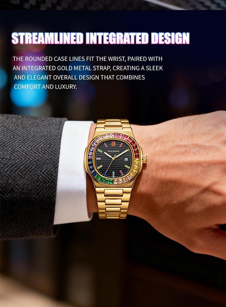 Brand Counter Authentic Premium Boutique Luxury Square Wristwatch – Rainbow Crystal Accents | High‑End Men’s Timepiece with Diamond Mirror Finish  | Versatile Casual & Business Look | Ideal Gift for Him | Stylish Wristwatch with Date Function