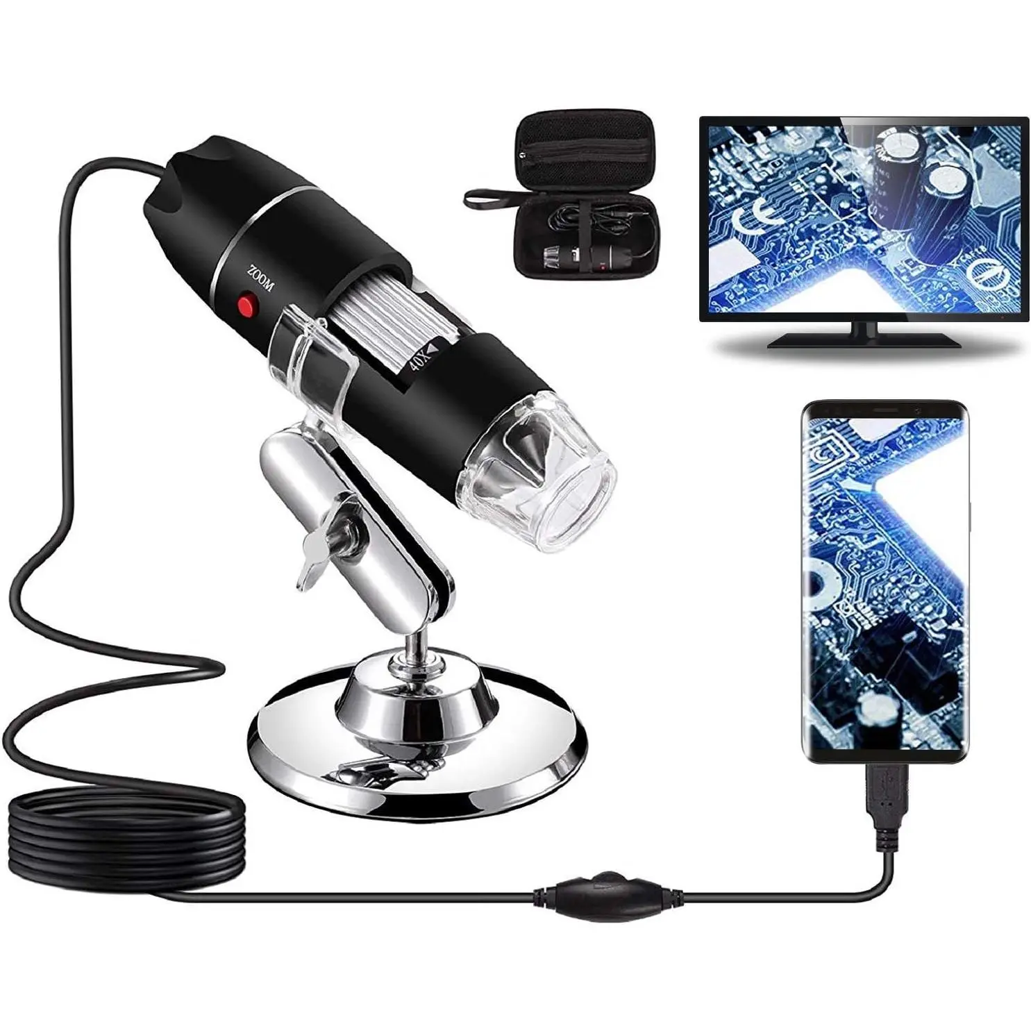 Portable Handheld USB Digital Microscope (40X-1000X Magnification) with 8 LED Endoscope Camera, Metal Stand & Carrying Case, Compatible with Android, Windows 7/8/10/11, Linux, Mac, Portable Handheld Microscope