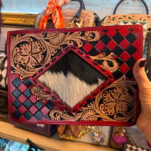 Tooled Red Checkered Cowhide Leather Crossbody Bag