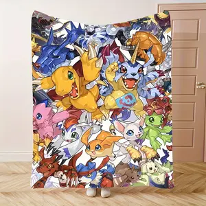 1pc Vibrant Digimon Anime Style Flannel Throw Blanket - Cozy, Soft, Warm, and Stylish with Colorful Cartoon Creatures Print, Perfect for Sofa, Bed, Office, and Travel - Ideal Gift for All Seasons, Bedding | Cartoon Character Print | Quilted Flan 643