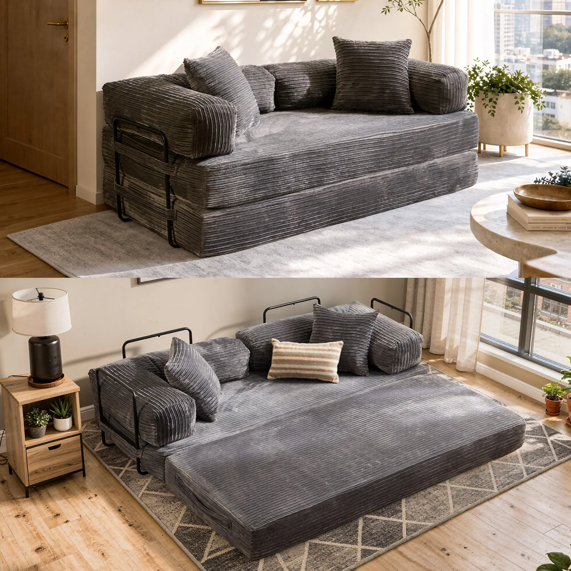 2-in-1 Floor Sofa Bed, Foldable Cloud Couch with Pillow Back & Armrest, Plush & Corduroy Sleeper Sofa Bed with Fixed-Shape Frame, Boneless Couch for Living Room Bedroom, Apartment