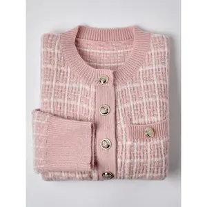 [Cropped Top] Elegant Knitted Jacket | Women's Clothing | Knitwear | Checkered Pattern | Buttons Casual Crewneck