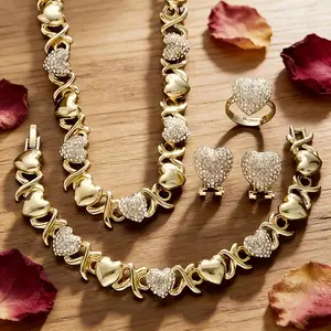 Heart XO Jewelry Set with Synthetic Zircon, 5-Piece Golden Tone Set (Necklace, Bracelet, Earrings, Ring), Perfect for Romantic Dates, Parties & Valentine’s Day