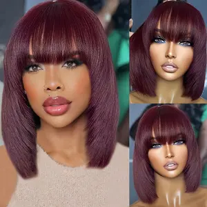 New 2025 Arrivals [99J Red Bob Wig] Burgundy Red Short Bob Human Hair Wig |   Color Wig 99J With Fringe For Women Straight Bob Wigs With Bangs Dark Brown Machine Made
