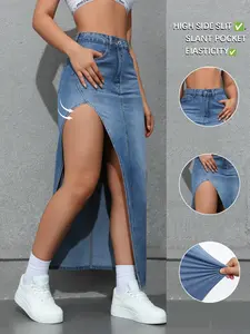 Summervibes New Fashion Women's Denim Long Skirt, Side Split Design, Versatile, Suitable for Casual and Formal Occasions, Comfortable Daily Wear
