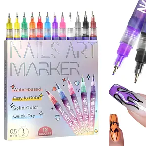 Fine Tips 3D Nail Art Pens 12 Colors 0.5 MM Precision Tip Quick Dry Nail Marker Pens for Home Salon Nail Point Graffiti Dotting Drawing Painting Liner Pen