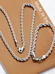 925 Sterling Silver 2pcs Twisted Rope Chain Necklace And Bracelet Set - Classic Elegant Style, Versatile for Daily Wear And Gift-Giving, No Mosaic, Plated Jewelry for Women