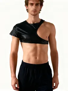 Men's Hollow Out One-Sided Chest Reveal Short Sleeve Top, European and American Style, Stage and Bar Performance Wear