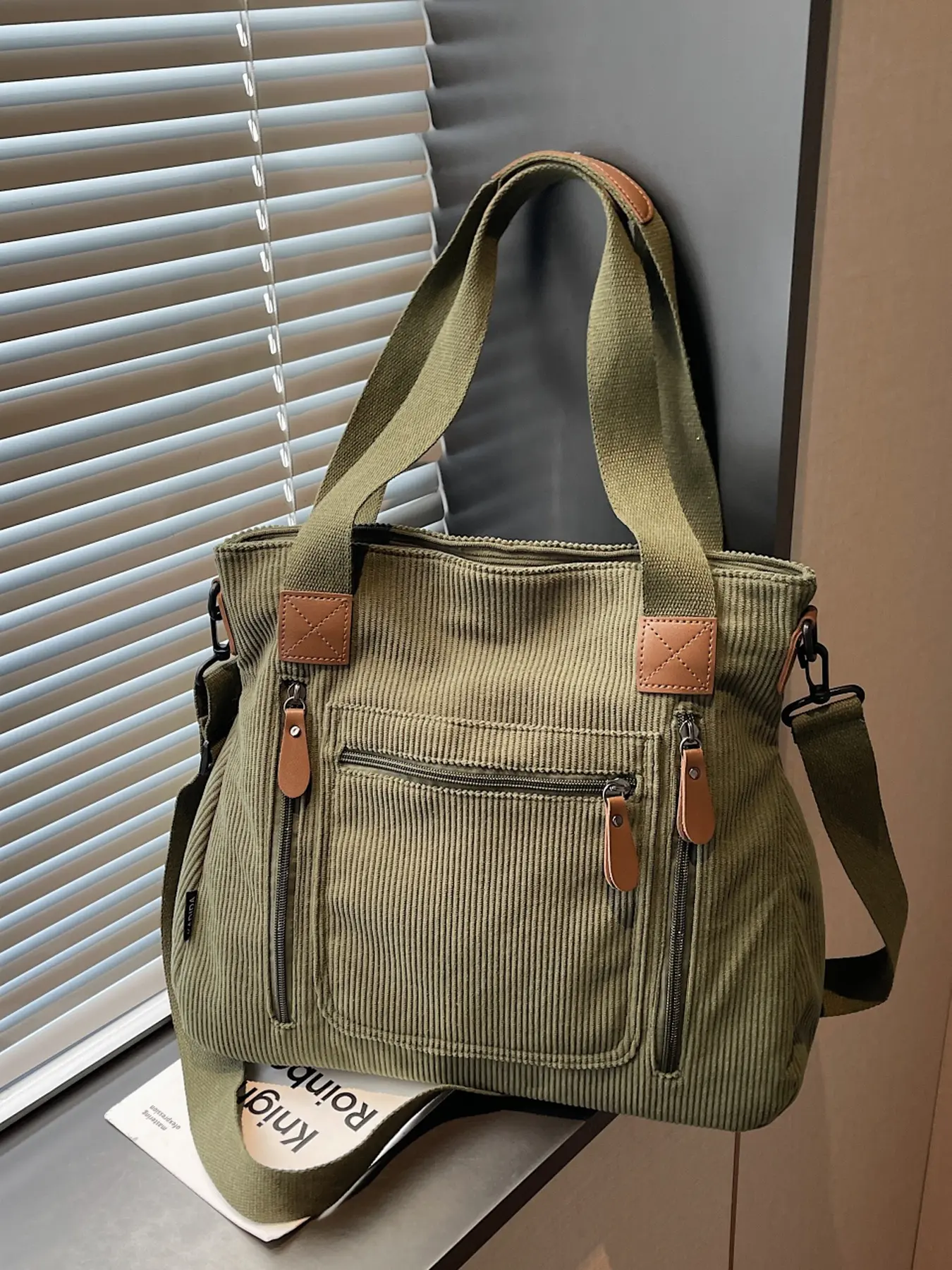 Retro Military Green Corduroy Tote Bag for Women Multi Pocket Design Casual Shoulder Crossbody Purse Bag Perfect for Commute School Casual Commuter Bag Fashionable Casual Bag