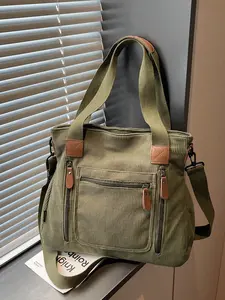 Retro Military Green Corduroy Tote Bag for Women Multi Pocket Design Casual Shoulder Crossbody Bag Perfect for Commute School