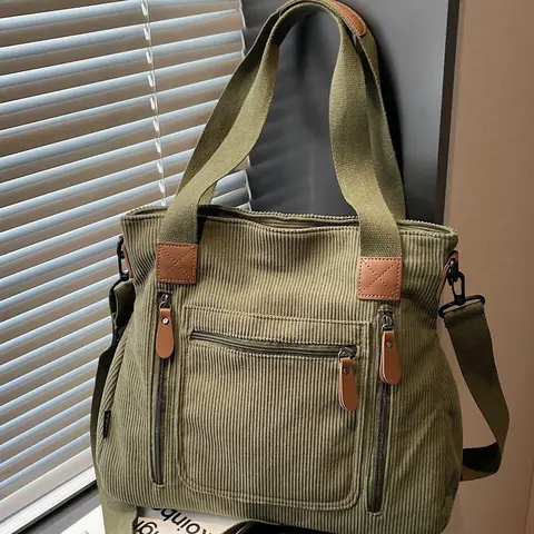 Vintage Workwear Style Corduroy Tote Bag, Multi-Color, Multiple Pockets, Commute School Versatile Handbag, Commuting Shoulder Bag, Crossbody Shoulder Bag for Women