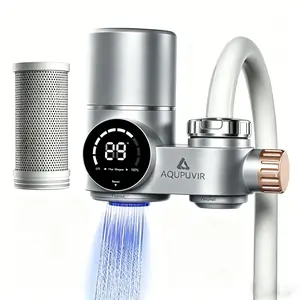 AQUPUVIR Kitchen Vertical Faucet Digital Water Purifier, reduces lead, chlorine, and impurities, easy to install, dual outlets with dual water modes, suitable for kitchen, bathroom sink, and home faucet applications, white/silver