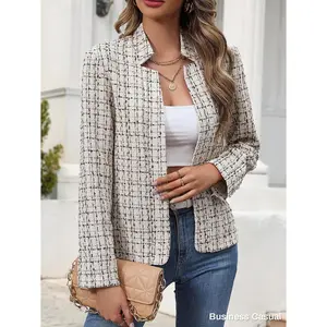 Mina Self 2026 Summer Women's Open Front Tweed Blazer - Lightweight Plaid Stand Collar Lined Casual Trendy Work Office Jacket Suit Suit Suit Womenswear Womenswear Long Sleeve Long Sleeve Outerwear