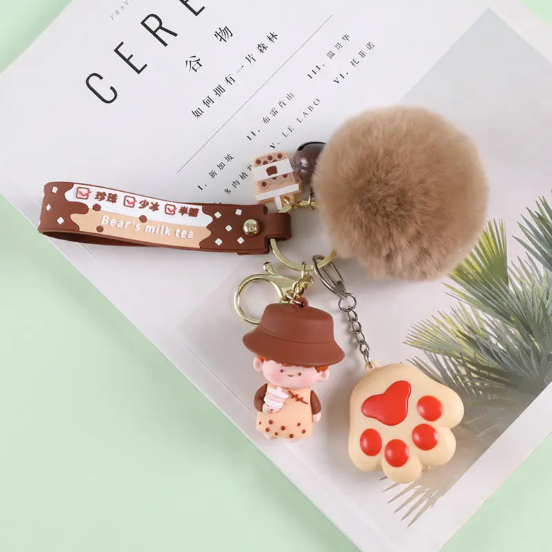 Crystal Milk Tea Cup Leather Rope Key Chain Ring Cartoon Hair Ball
