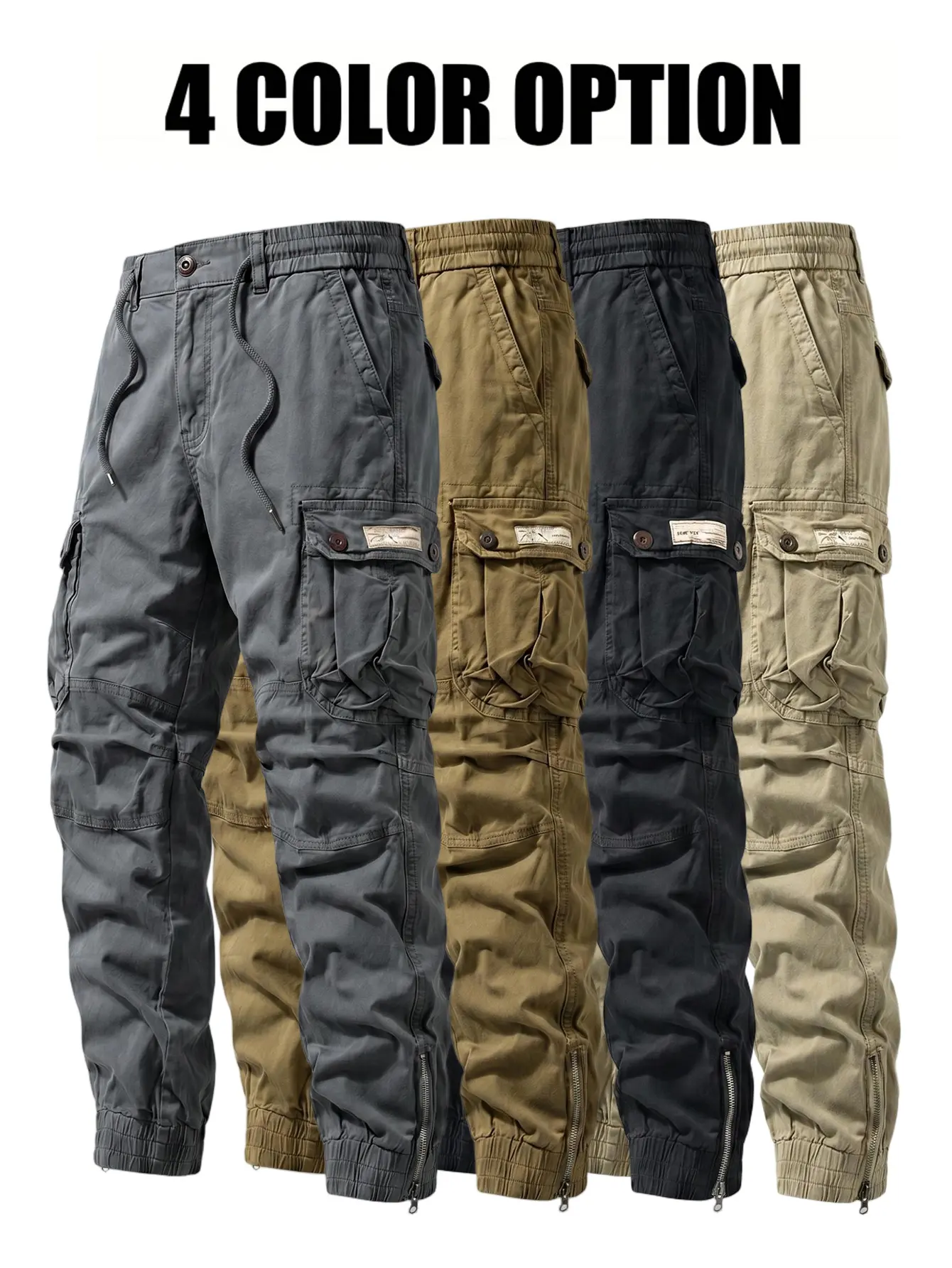 Men's Cotton Blend Fitted Cut Tactical Pants - Elastane-Blended, Minimalist, Mid Waist, Solid-Color Long Pants, Multiple Pockets, Durable, Adjustable Sizing - Suitable for Outdoor Hiking, Casual Spring-Autumn Wear, Adjustable Sizing Men's Pants