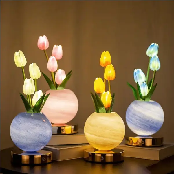 Tulip LED "Planet Pot" Ornament - Cozy Lighting Aesthetic Table Lamp, Faux Flower Bouquet Decorative Lamp（The flower stem can bend）, Bedroom Bedside LED Decoration, Home Decor Gift for Friends Electronic Lamp