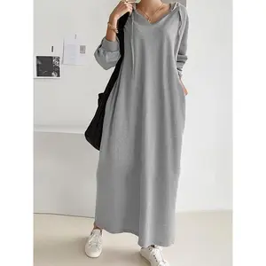 Body Table Women's Plus Size Casual Hooded Dress - V-Neck Long Sleeve with Adjustable Drawstring, Relaxed Fit Mid-Stretch Fabric, Machine Washable All-Season Versatile Clothing