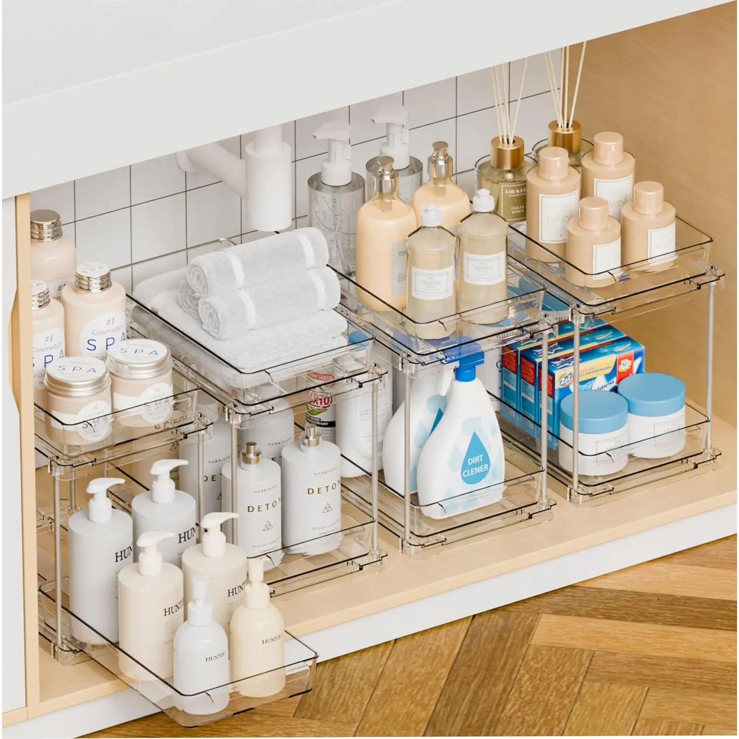 4 Pack Under Sink Organizers and Storage,Clear  Bathroom Organizer and Cabinet Organization for Makeup,,Two Tier Pull Out Cabinet Organizer Drawers for Pantry, Storage Bins