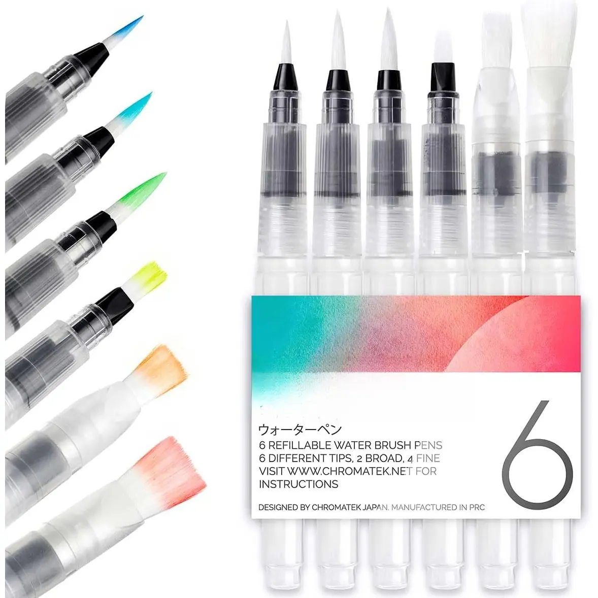 AquaPens. Set of 6 Refillable Aqua Watercolor Brushes with Nylon Tips. Easy Water Brush Pens for Painting. Blending & Calligraphy. Includes Online Video Tutorials & Templates