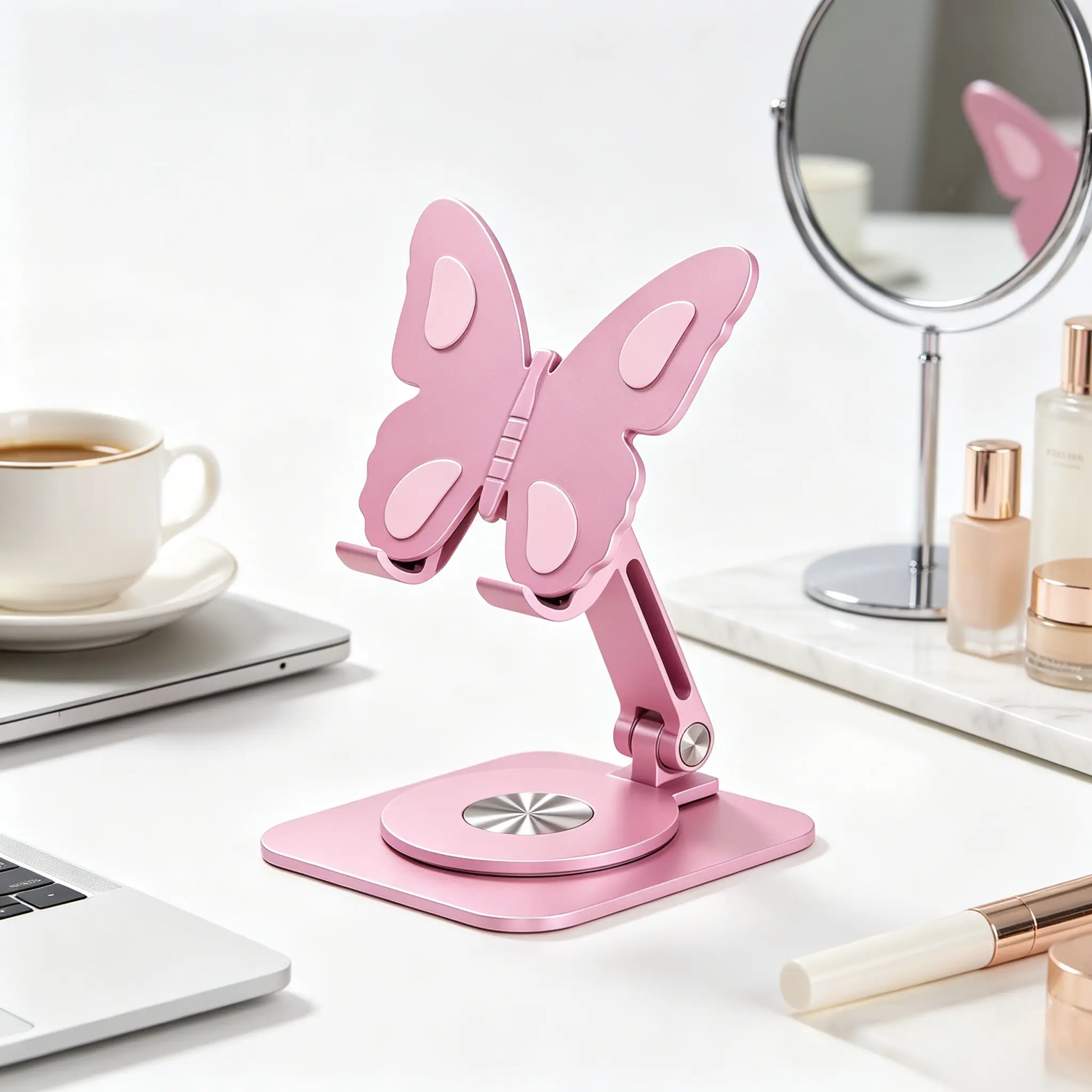 Butterfly Design Aluminum Alloy Cellphone Stand - 360° Rotating Kitchen Accessory with Adjustable Height, Angle, Foldable Anti-Slip Base, Universal Compatibility for Most Smartphones, Home & Office Accessories, Ideal 618 Gift