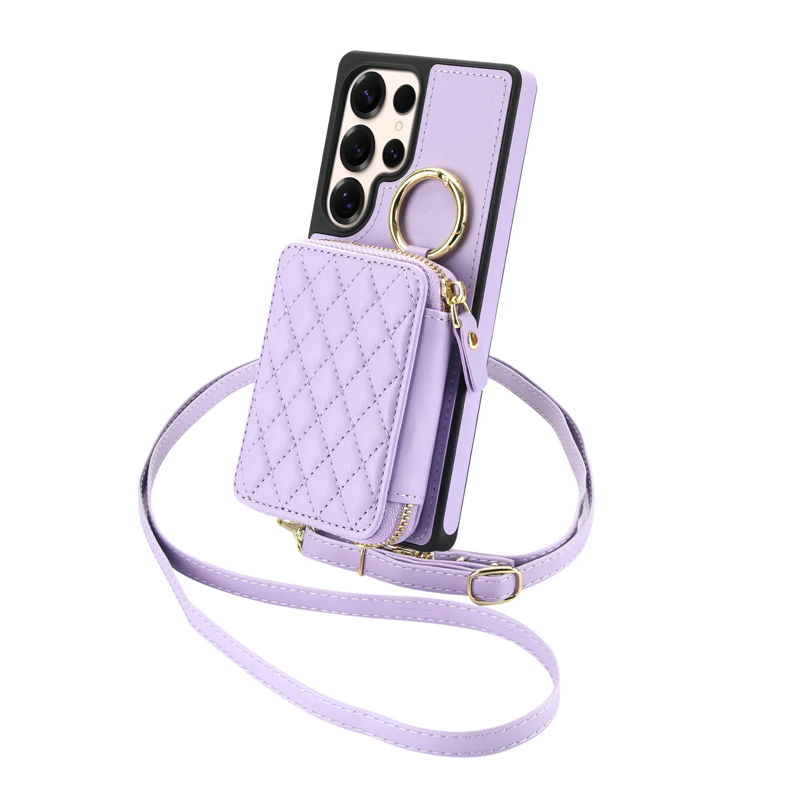 Zipper RFID Blocking Wallet Phone Case for SAMSUNG S/A Series, Quilted Leather Card Holder Cover with Ring Kickstand, Detachable Adjustable Crossbody Lanyard & Wrist Strap, Anti-Scratch Shockproof Purse Case for Women,Trendy Fashion Style,Phone case
