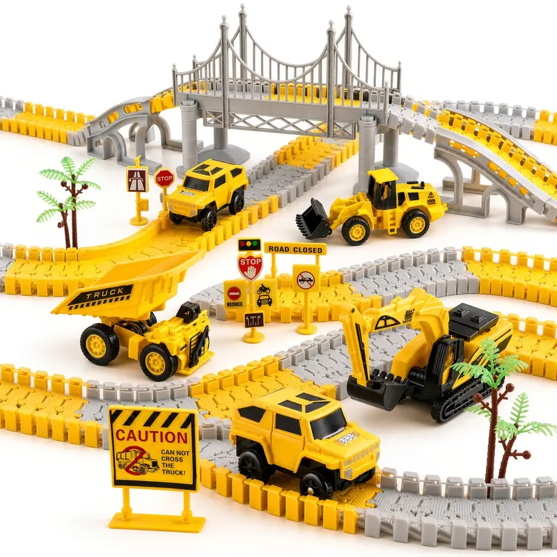 Construction Race Track Set for Kids, 276 Piece Flexible Tracks with 2 Battery Powered Cars, 3 Construction Trucks, Bridge and Road Signs, Build Your Own Road Playset