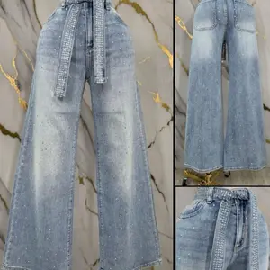 High-Waisted Flare Jeans with Rhinestone Embellishments for Women's Fashion