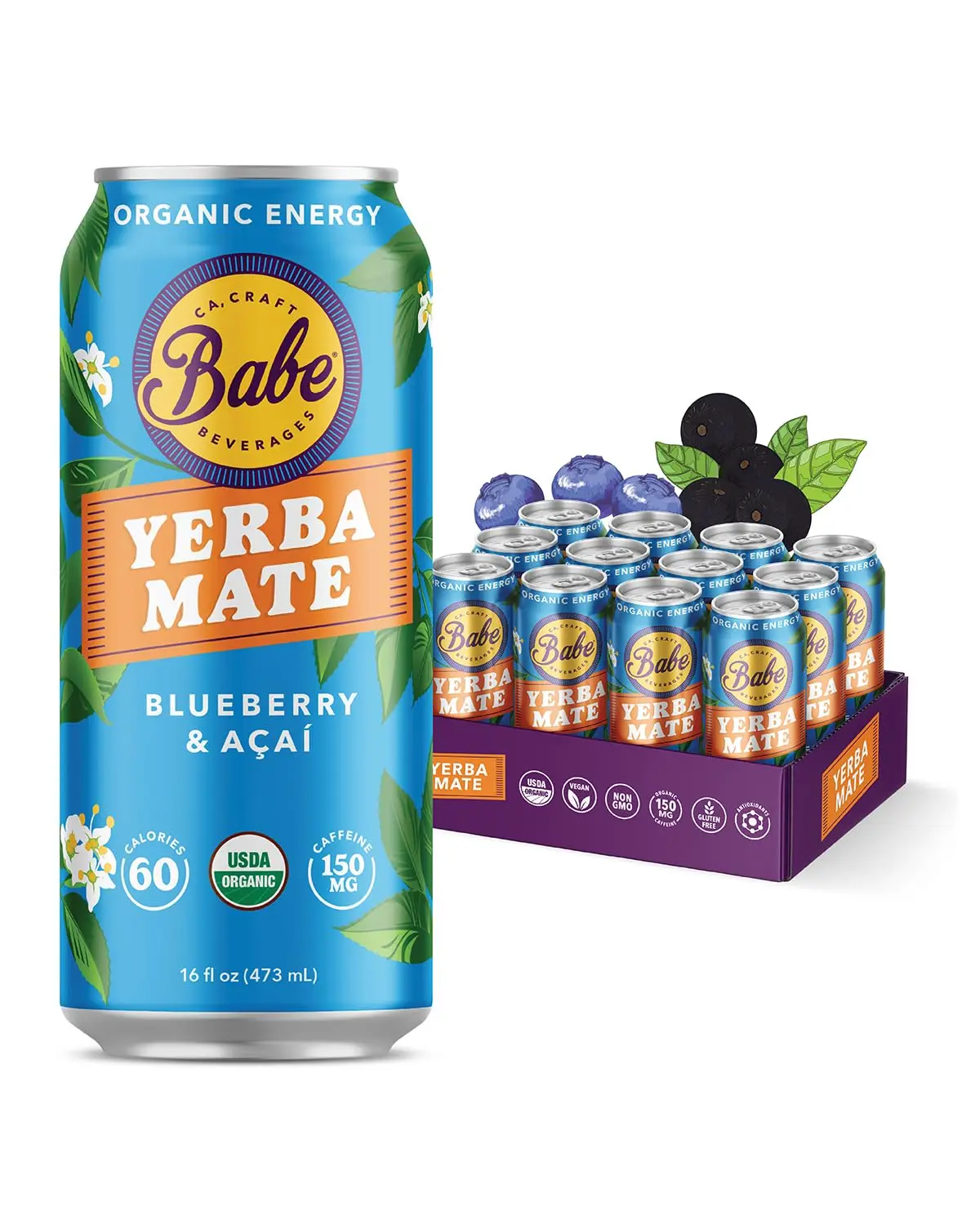 Babe Beverages Organic Yerba Mate Energy Drink Blueberry Acai 150mg Caffeine Low Sugar Refreshing Fruit Flavors USDA Organic