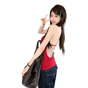 Women's Sexy Hot Girl Style Backless Halter Top, Sleeveless Slim Fit Crop Cami with Chest Pad, Summer Designer Strappy Tank Tops for Rave Outfits Fashion Womenswear Love Basic Minimalist