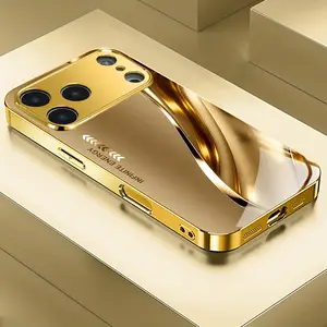 Light Luxury High-End Metal Curve Pattern New Electroplated Gold Tempered Glass Phone Case for iPhone 17/17 Air/17 Pro/17 Pro Max/16/16 Plus/16 Pro/16 Pro Max/15/15 Plus/15 Pro/15 Pro Max/14/14 Plus/14 Pro/14 Pro Max/13/13 Pro/13 Pro Max/12/12 Pro/12 Pro