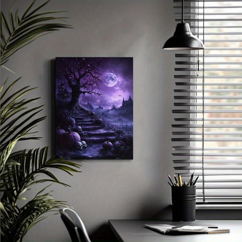 Frameless Gothic Tree and Moon Halloween Canvas Art Poster, Black Purple Sky , Exquisite Decorative Mural for Living Room, Bedroom, Corridor, Office - Ideal Gift for Friends Ornaments Decoration Wall Artistic