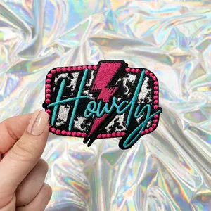 Cow Print Howdy Patch with Pink Lightning Bolt