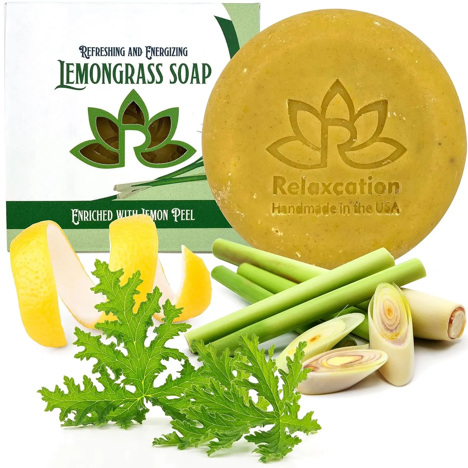 Relaxcation Lemongrass Soap Bar with Leaves and Lemon Peel | Natural Citronella Cold Process Soap | Lemongrass Refreshing and Energizing Soap Bar | HELP REDUCE OILY SKIN
