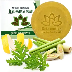 Relaxcation Lemongrass Soap Bar with Leaves and Lemon Peel | Natural Citronella Cold Process Soap | Lemongrass Refreshing and Energizing Soap Bar | HELP REDUCE OILY SKIN