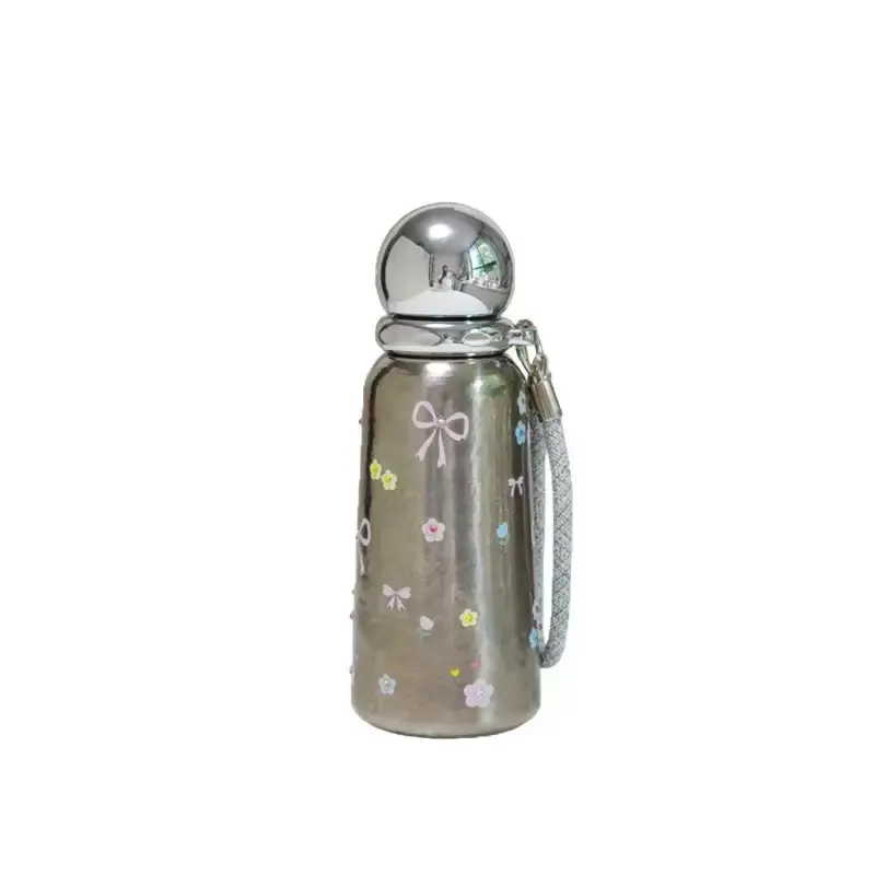 Stainless Steel Insulated Water Bottle with Cute Floral Design, Portable Thermos Cup with Strap