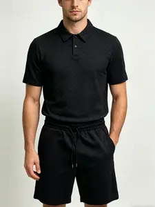 New Men's Jacquard Polo Set, Summer Lightweight Turn-Down Collar Plaid Casual Sports Short Sleeve Combo, Comfortable and Stylish