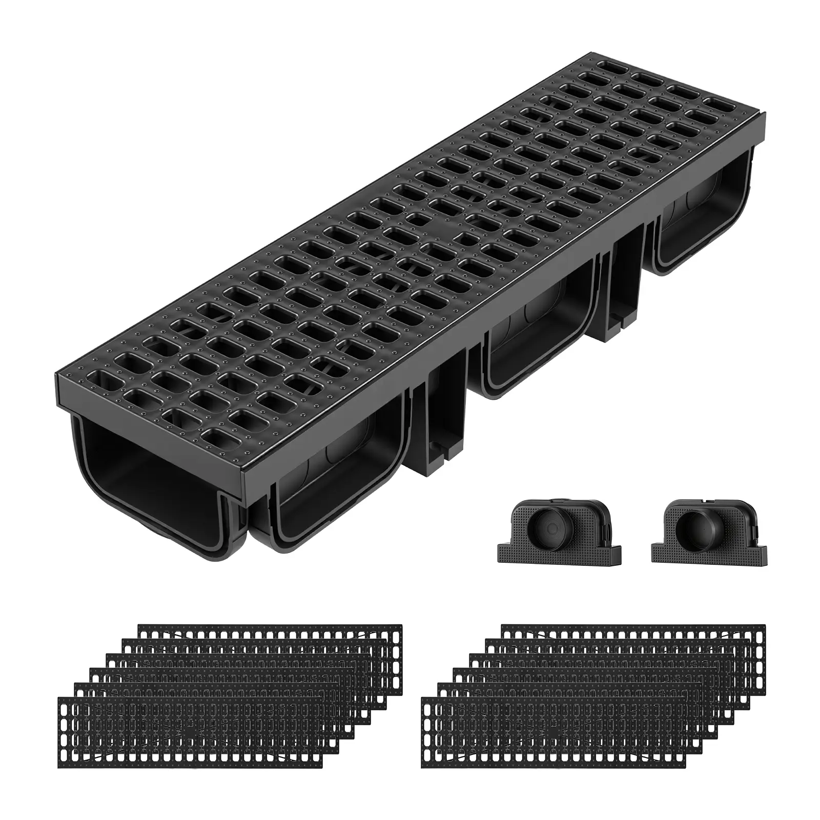 【summerfinds】VEVOR Trench Drain, 20.1 x 5.5 x 3.5 in, 12 Pack Linear Drainage Channel, HDPE Channel Drain with Grates & End Caps, Premium Outdoor Drainage System for Driveway, Patio, Pool, Garden, Yard, Black