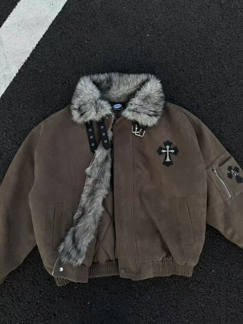 Unisex American Vintage Faux Fur Trim Mountain Carved Cotton Jacket, fleece lining + faux fur trim design + metal button decoration + cross embroidery + side zipper pocket + durable fabric construction, perfect for commuting or everyday street style, prov