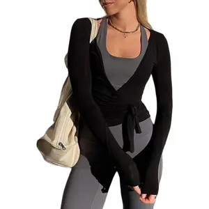 Women Wrap Top Long Sleeve Deep V Neck Cross Tie Workout Ballet Pilates Yoga Shirt
