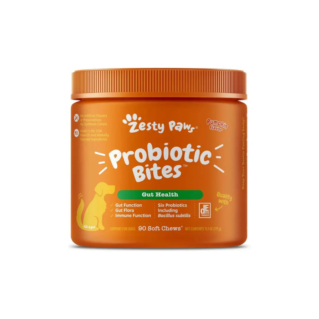 Zesty Paws Probiotic Bites - Pumpkin-Flavored Gut Healthy Dog Digestive Aid Soft Chews, 6 Strains (90 ct), Six Strains