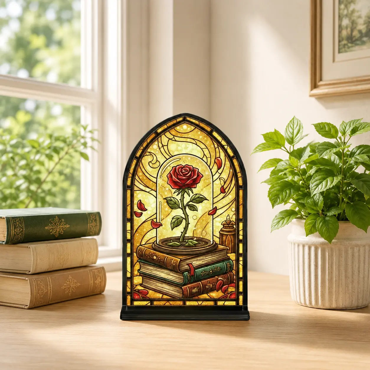 Rose Glass Dome Book Nook, Golden Stained Glass Book Stack Diorama Lamp, Book Lover Bookshelf Decor Gift