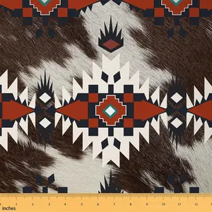 Western Boho Fabric By The Yard,Red Brown Cowhide Aztec Upholstery Fabric,Cow Fur Print Textile Waterproof Fabric,Ethnic Tribe Arrow Aztec Fabric